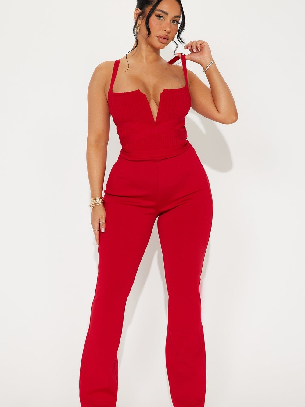 Red V-Neck Jumpsuit